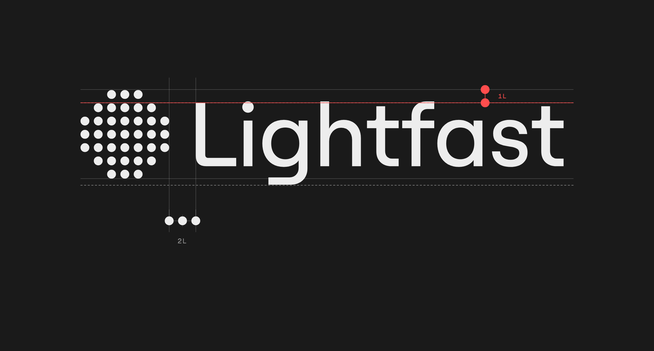Lightfast logo construction showing the symbol, wordmark, 1L dot pitch, and 2L spacing between the symbol and wordmark.