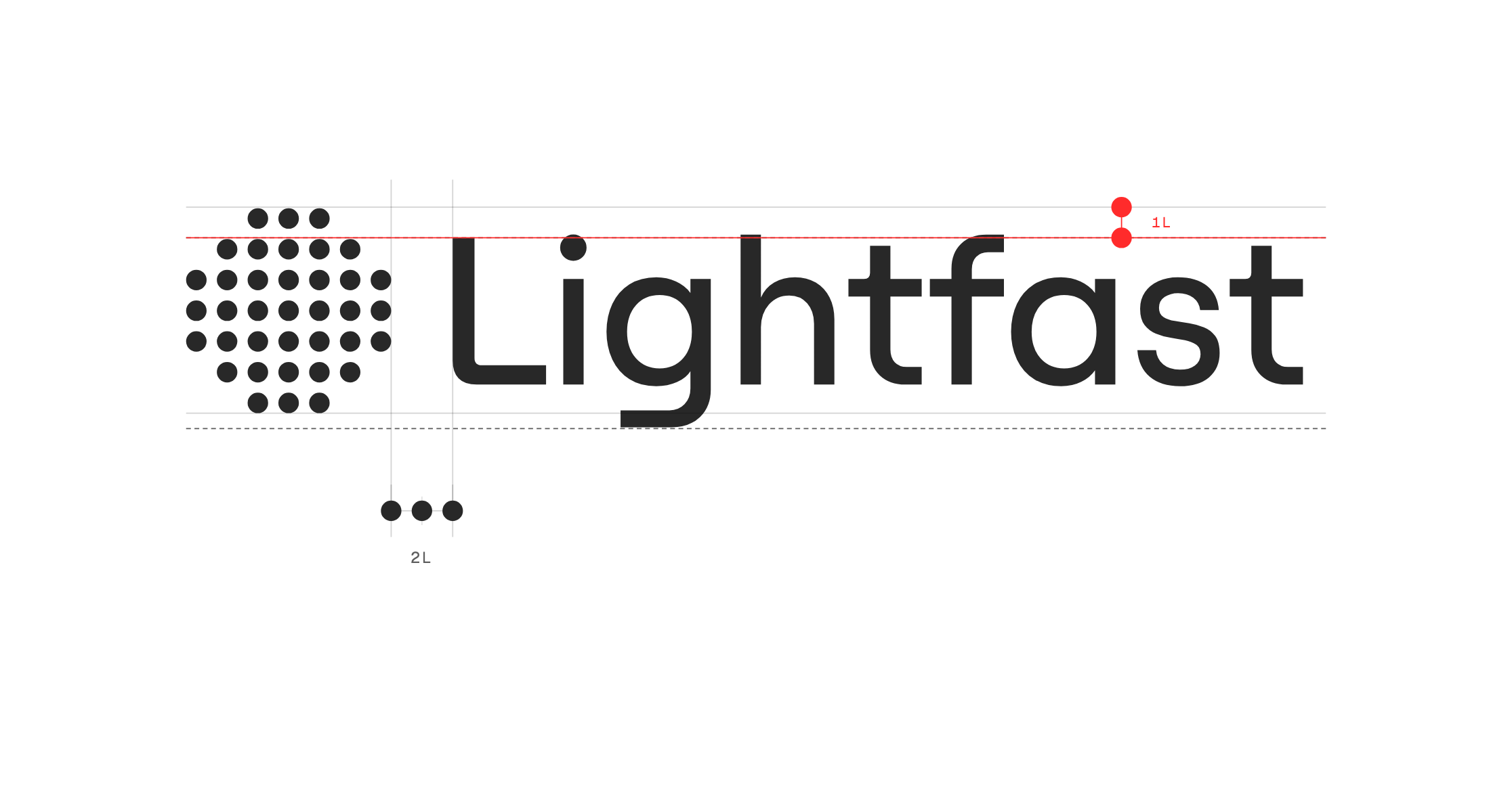 Lightfast logo construction showing the symbol, wordmark, 1L dot pitch, and 2L spacing between the symbol and wordmark.